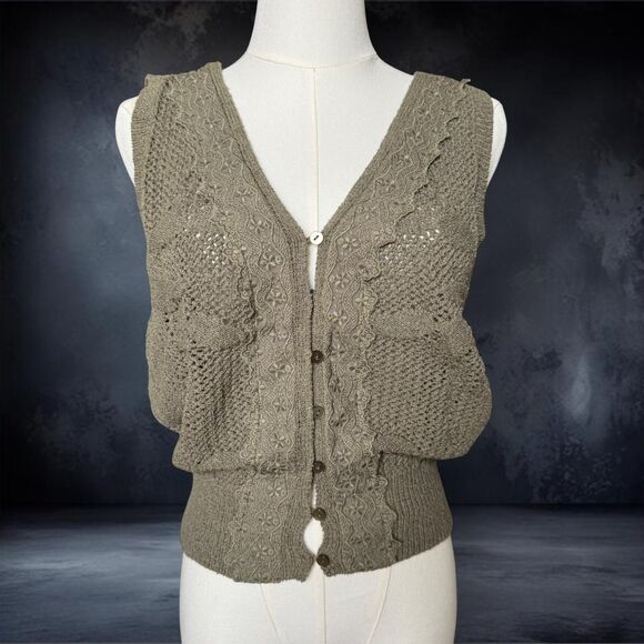 And Now This Women's Green Cardigan Vest Size Large Lace Knit Cottage Prairie - Picture 1 of 7